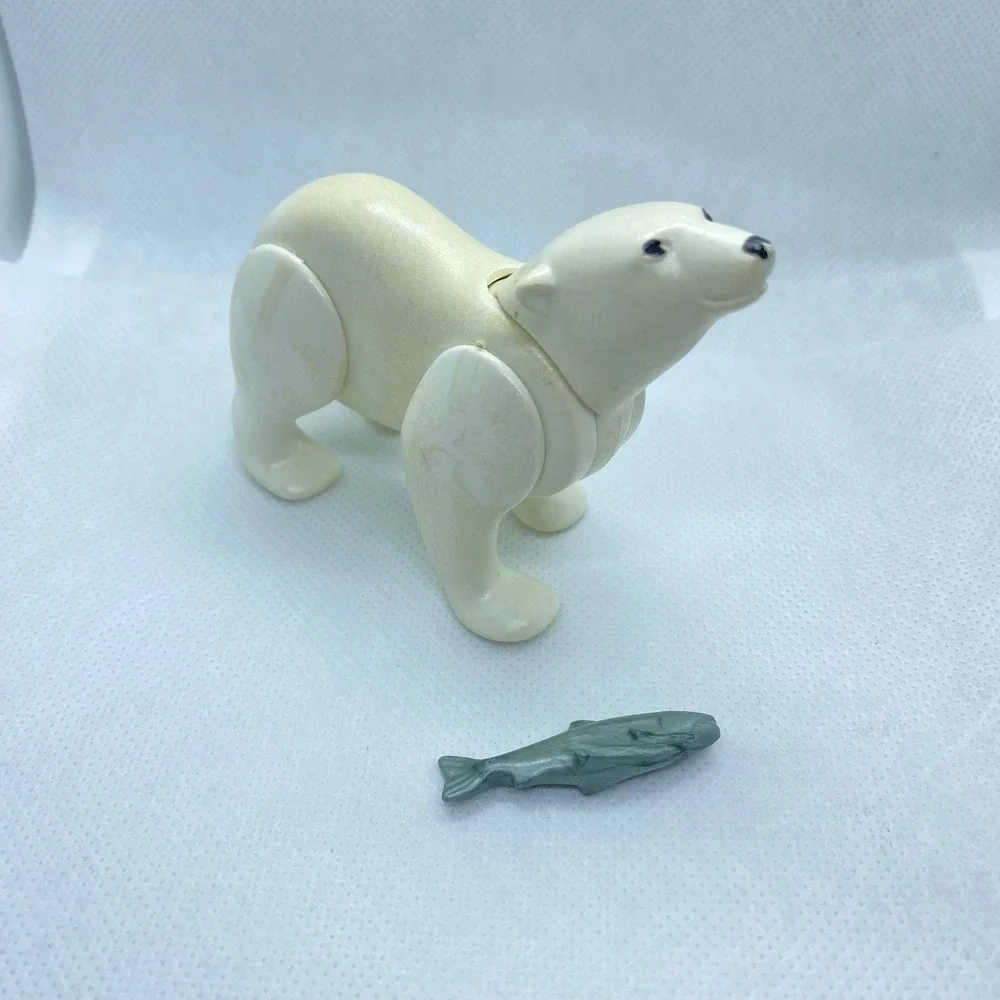 Vintage 1986 Playmobil Polar Bear Articulated Figure with Fish Accessory Cream
